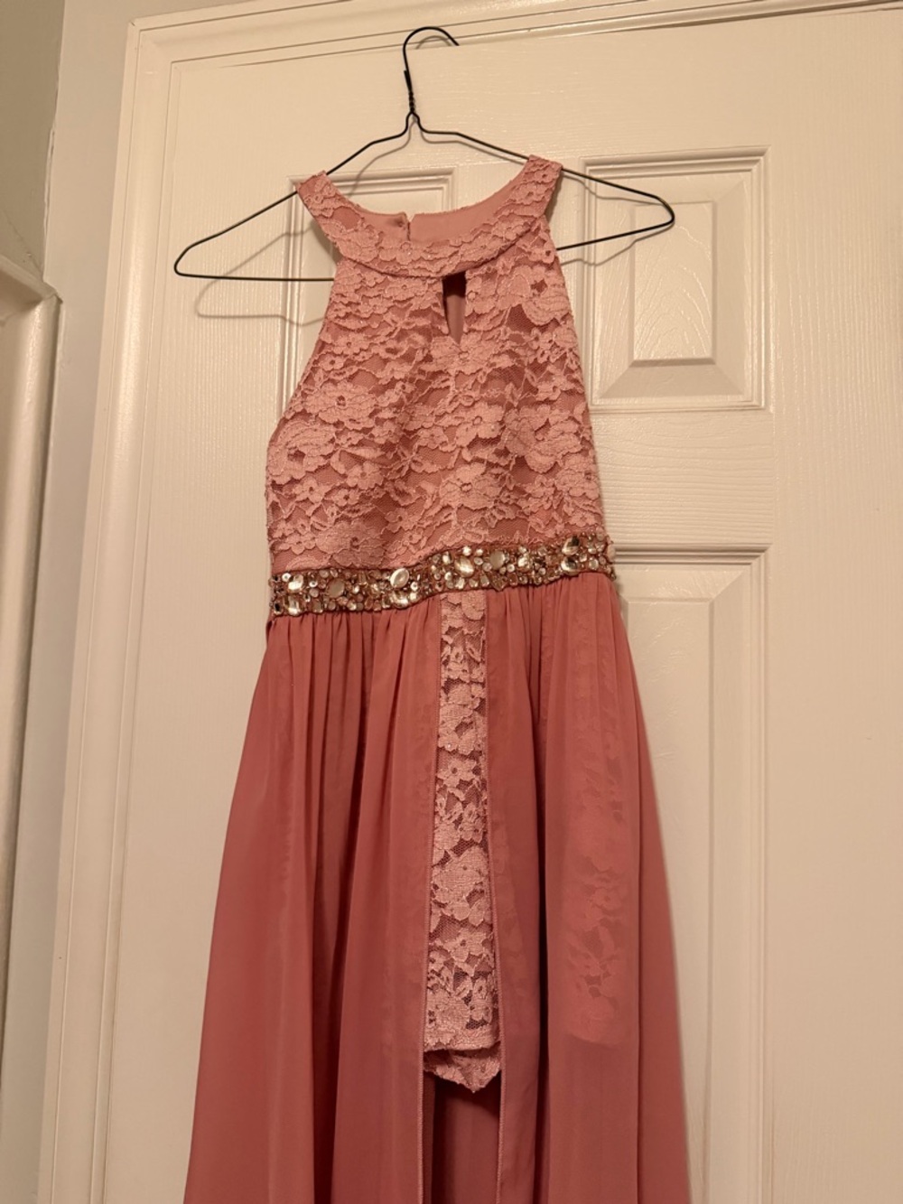 Speechless Blush Pink Lace Halter Dress with Jeweled Waist